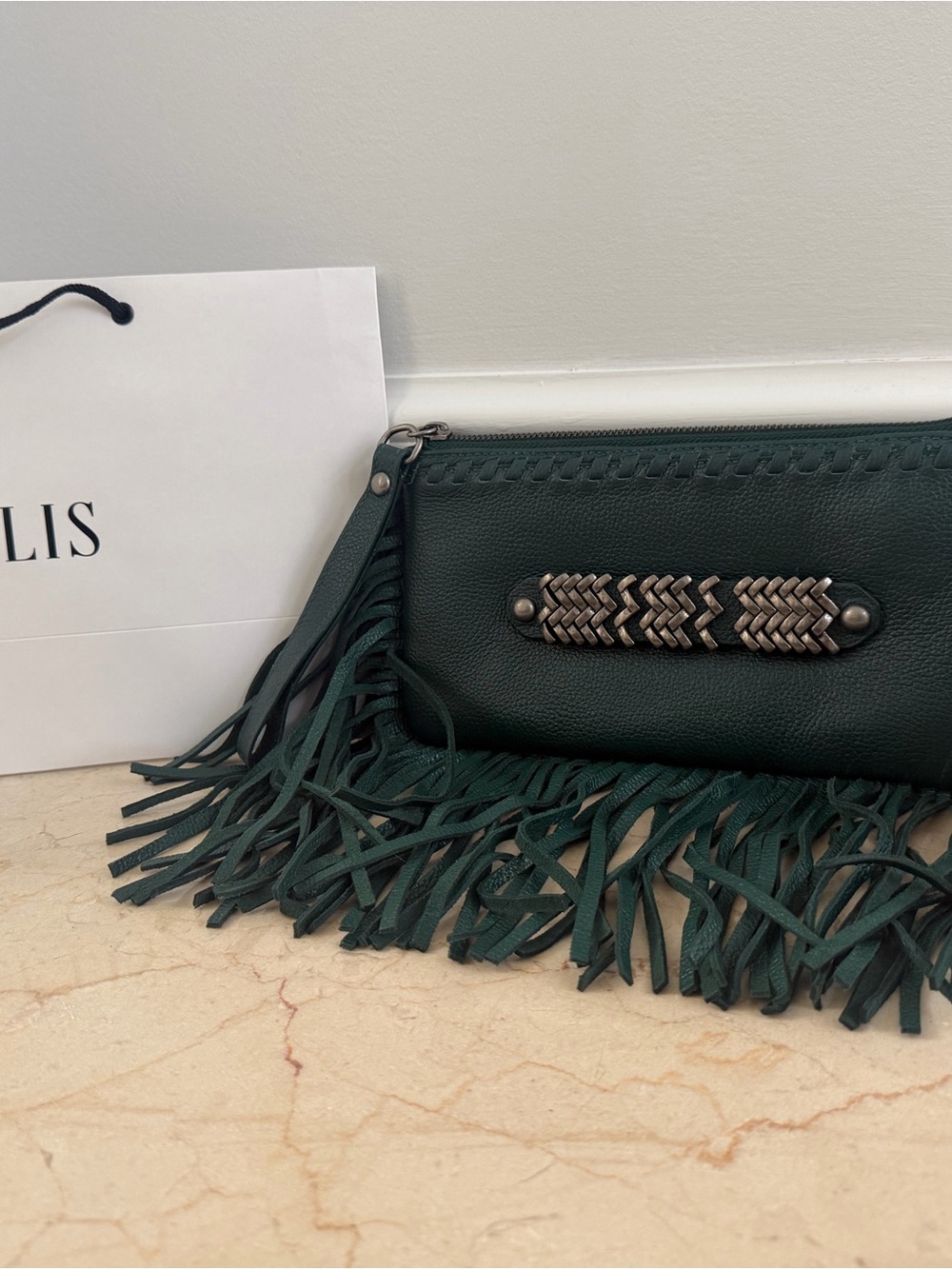 Le Lis Dark Green Fringed Leather Wristlet Clutch with Braided Metal Accent